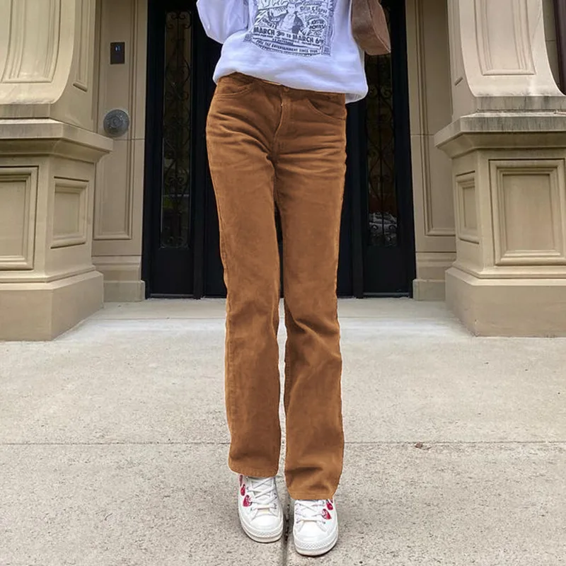 Cintura alta emagrecimento calças de veludo feminino marrom sino bot faionable calças casuais para senhoras vintage sle