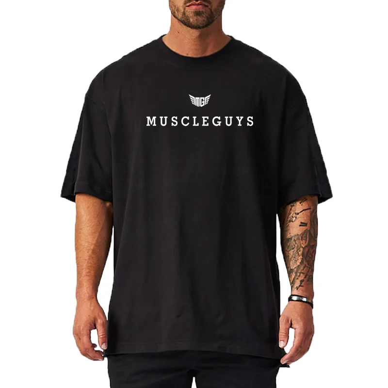 

220gsm Pure Cotton Oversized Mens Dropped Shoulder Loose Fitness Bodybuilding Workout Printed Summer Gym Half Sleeve T-shirt