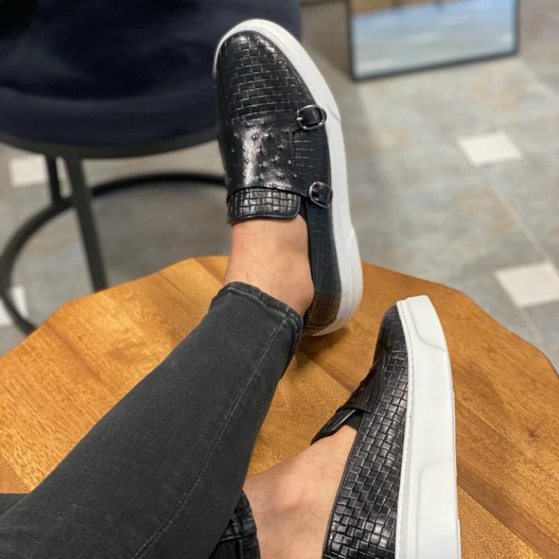 New Brown Men\'s Vulcanize Shoes Double Buckle Monk Shoes Black Slip-On Lazy Shoes Handmade Free Shipping Men Casual Shoes
