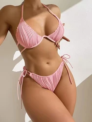 Hater-Bikini con realce para mujer, traje de baño Sexy liso con cordón, ropa de playa, 2024