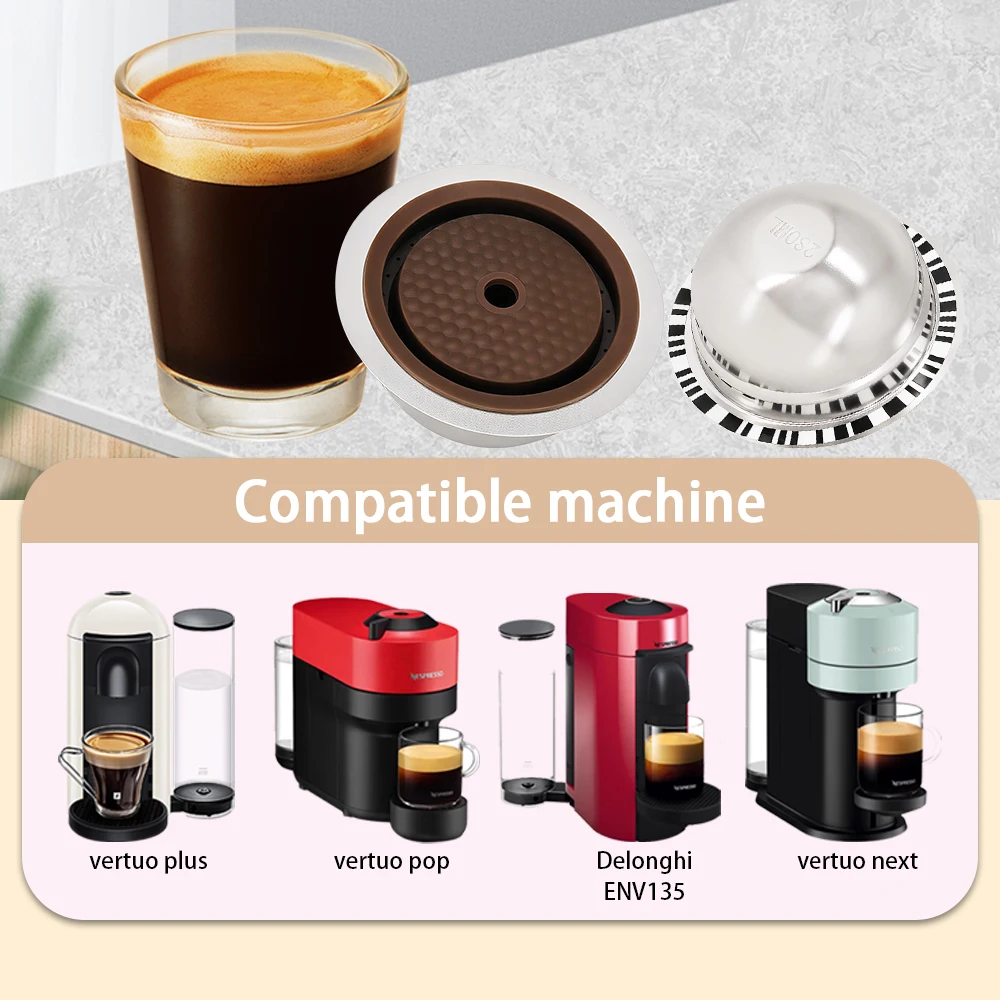 Reusable Stainless Steel Vertuo Pods, Refillable Coffee Capsule with Silicone Lid, for Vertuoline, with Tamper & Brush