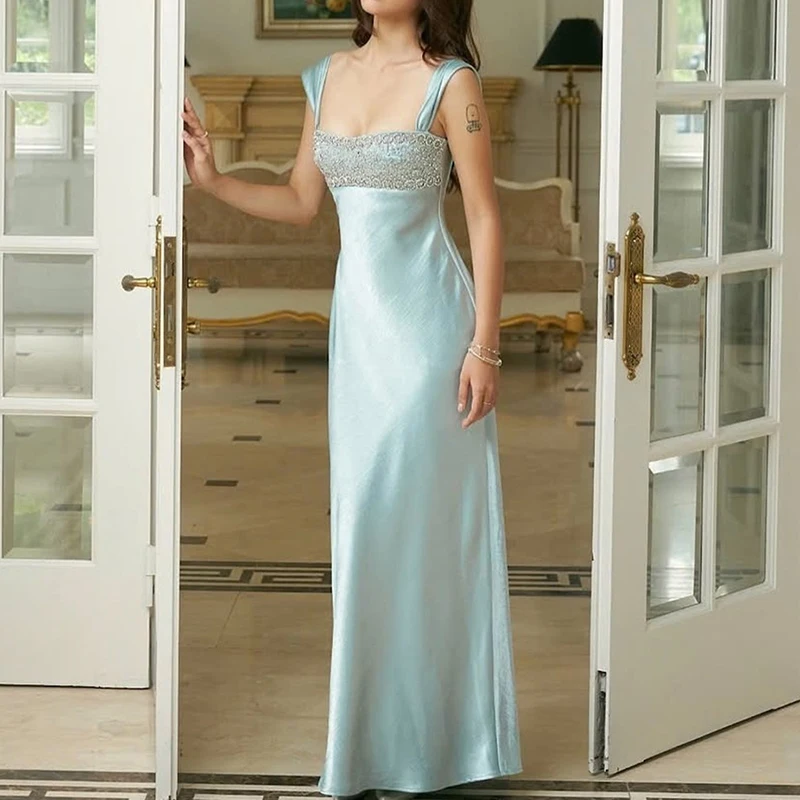 ชุดเดรสราตรีผ้าซาตินประดับคริสตัล ทรงเข้ารูป สายคล้องคอ ไม่มีแขน เอวสูง แฟชั่นใหม่สำหรับงานเลี้ยงฤดูร้อน