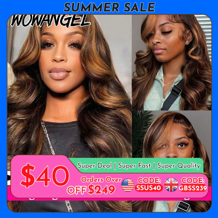 WowAngel 13x6 HD Lace Front Wigs Body Wave Human Hair Wigs 34in #2/30 Highlight Melt Skins Natural Scalp Remy Brazilian Hair