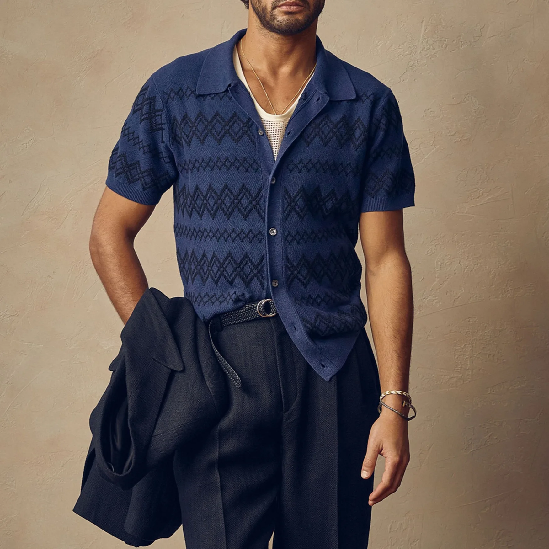 

Summer Men's Jacquard Business Polo Shirt Knitted Short-Sleeved Cardigan European American Style New Arrival