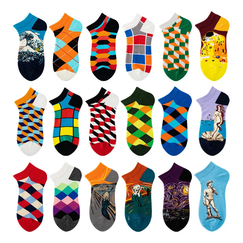 Men's Socks Harajuku Geometric Plaid Diamond Cotton Boat Socks Women's Stripe Art oil Painting Print Funny Happy Socks