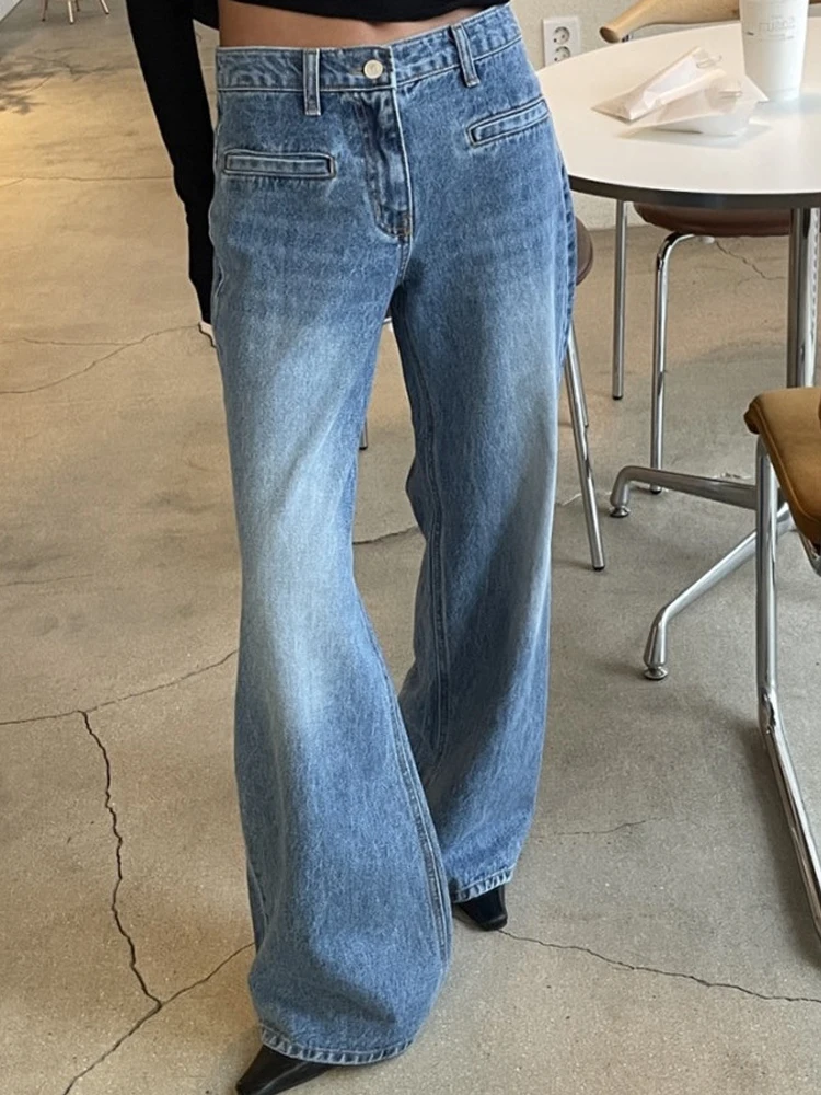 Jeans Azules Retro de Cintura Alta y Corte Ajustado para Mujer, Plones Largos de Pierna Ancha dos Versátiles para Oto...