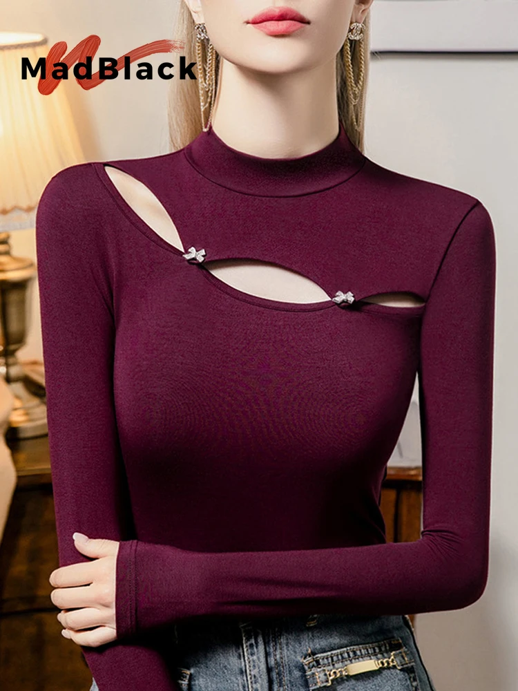 

MadBlack-Women European T-Shirt, Sexy Mock Neck Buttons Hollow-out, Streetwear Long Sleeve Slim S-3XL Tee, 2025 Winter T5D250CC