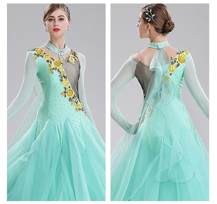 Ballroom Dance Competition Dress Cyan High-grade Dance Clothes Mesh Ribbon Flamenco Dress Woman V-neck Dresses for Standard