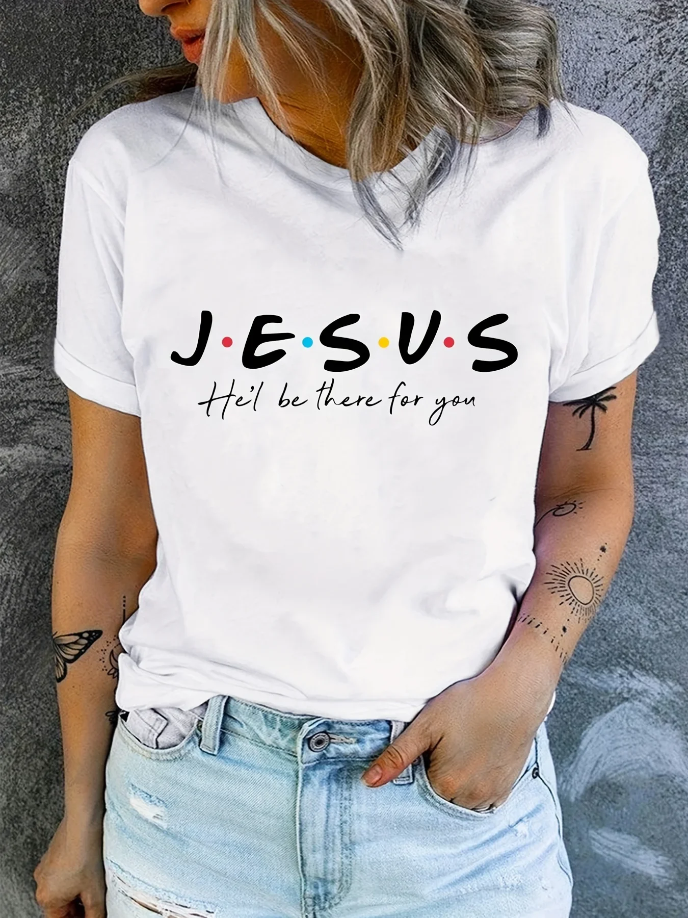 Jesus Print T-Shirt, Summer Short Sleeve Casual Top, Women\'s Clothing
