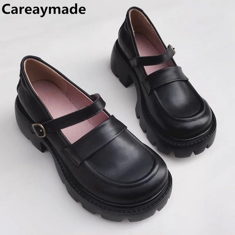 Careaymade-Genuine leather Women's shoes light medium heel thick soft sole breathable original cowhide uniform single shoes