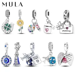 MULA 1PC Silver Plated Travel Sunflowers Four Leaf Lucky Clover Dangle Charms Fit 3MM Snake Chain Charm Bracelet DIY