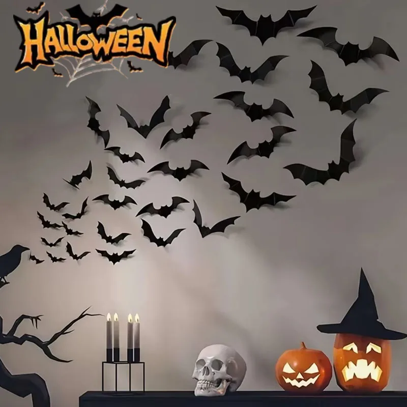 1-10Bags Hollow 3D Black Bat Halloween Wall Stickers Decals for Venue Party Decoration Setup Prop Use