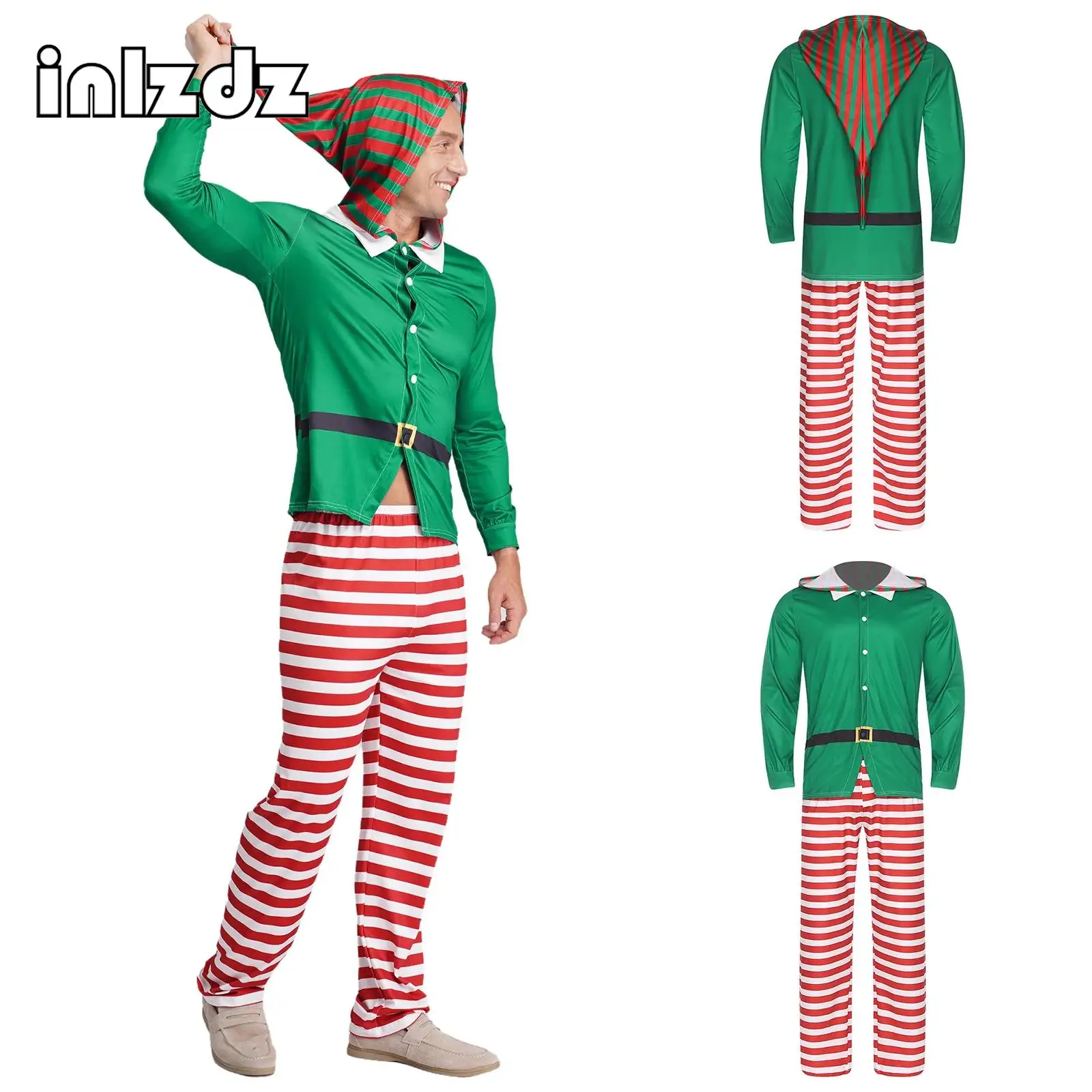

Mens Christmas Elf Pajamas Party Cosplay Costume Long Sleeve Hooded Top+Striped Pants Set for Xmas Holiday Party Eve Gathering