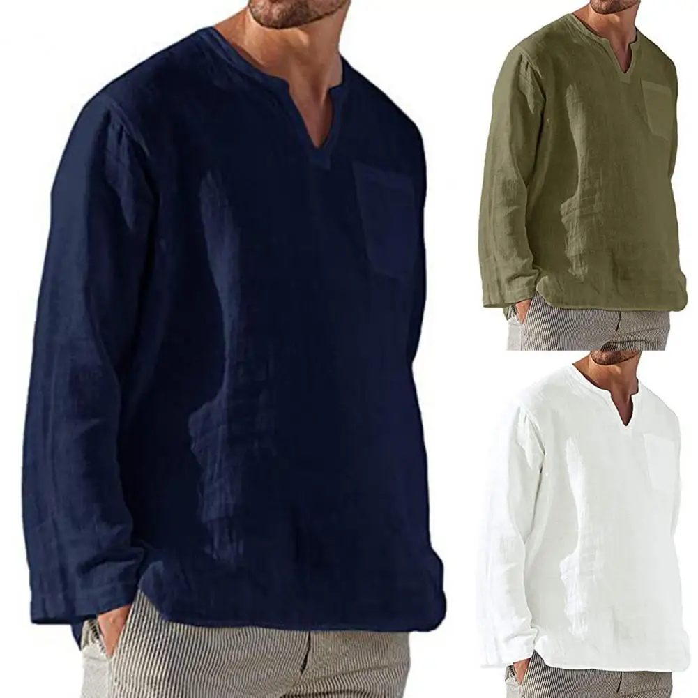 

V Neck Men's Short-Sleeved T-shirt Cotton Linen Men Shirt Loose-fitting Long Sleeve Pure Color Shirt Breathable Beach Shirts