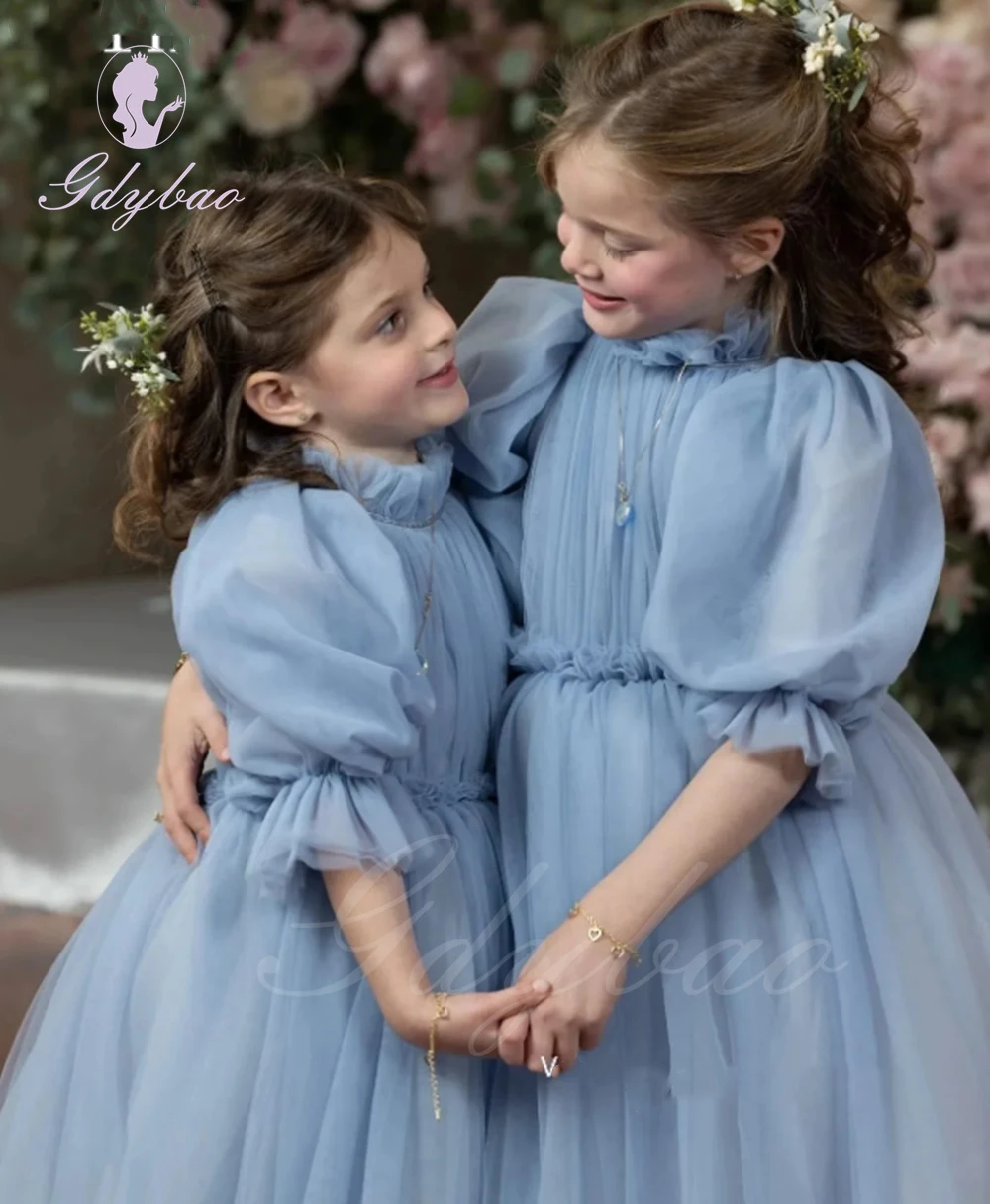 Grey Blue Flower Girl Dress For Wedding High Neck 3/4 Sleeves Tulle Puffy Kids Birthday Party Baby First Communion Pageant Gown