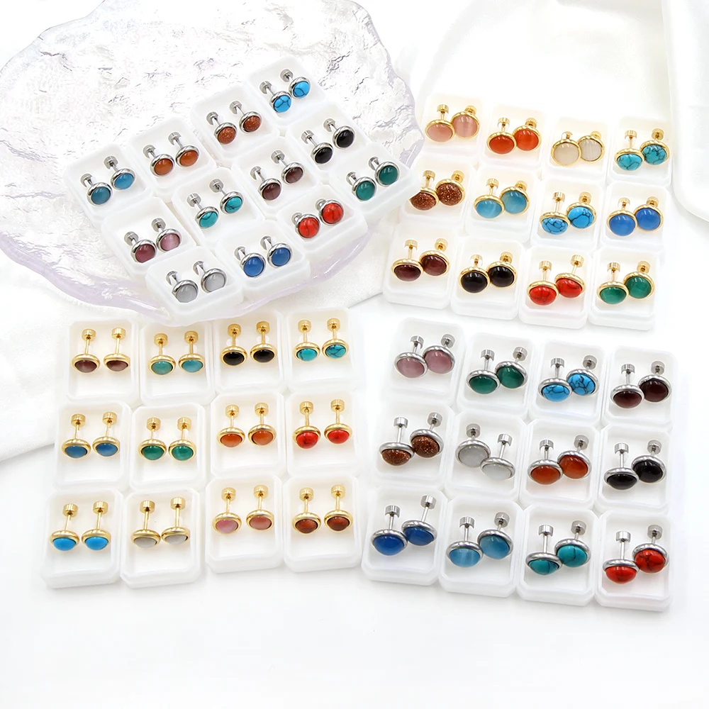 

12Pairs Korean Fashion Round Opal Stainless Steel Stud Earrings Screw Back Earrings for Women Gold Color Bijoux Female Vintage