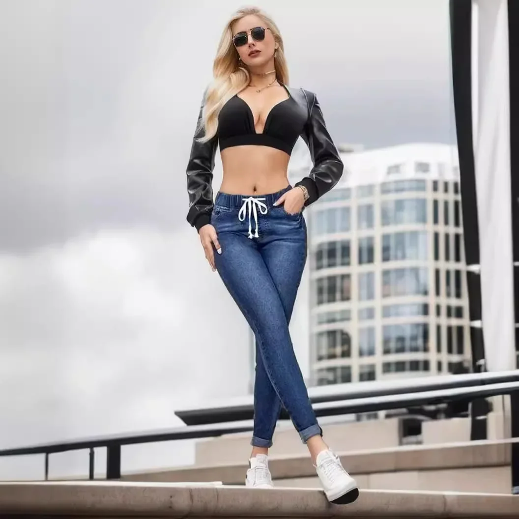 Dżinsowe spodnie ołówkowe damskie, elastyczne, z wysokim stanem, sznurowane, obcisłe jeansy, streetwear vintage, spodnie do kostki, 2025