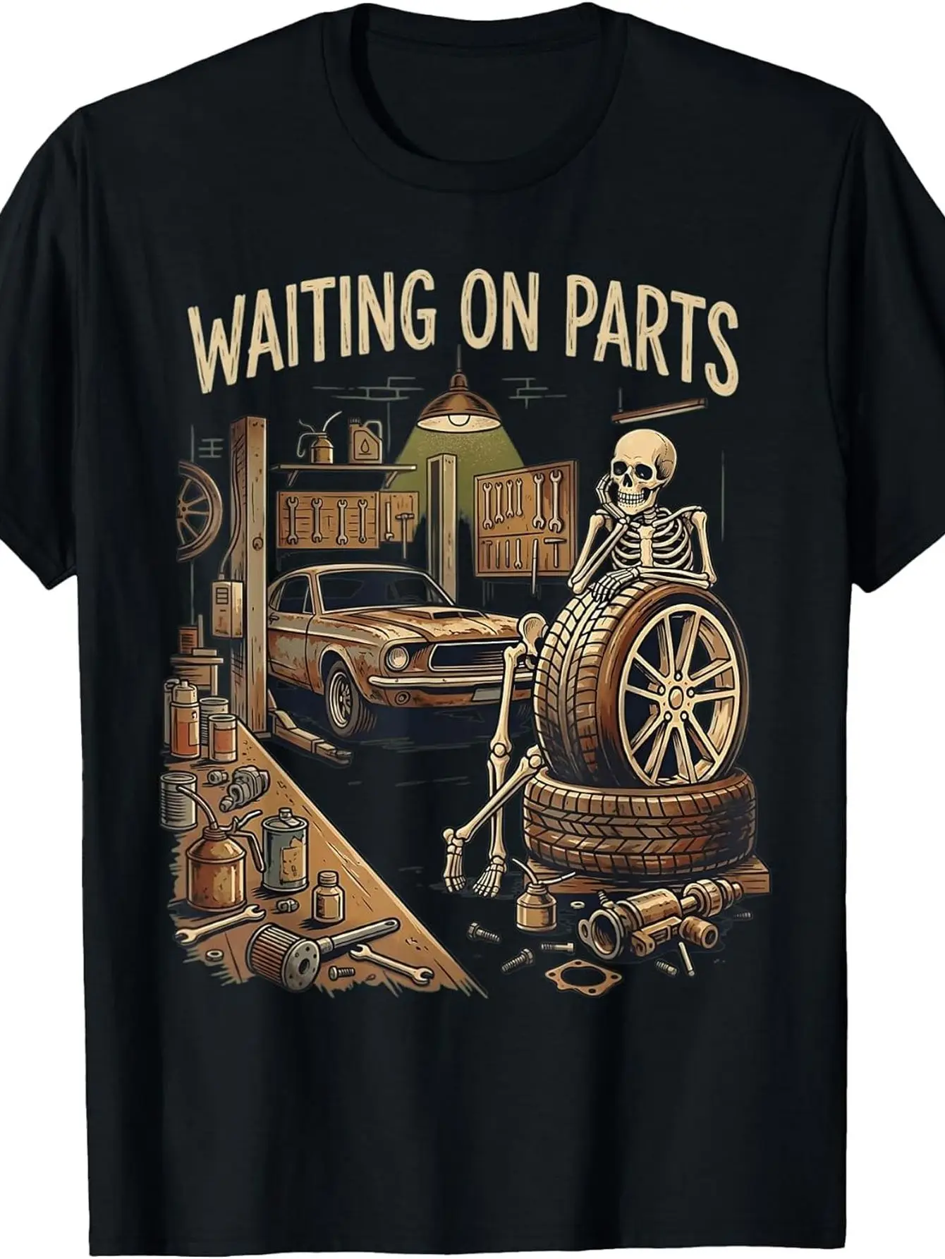 Funny Skeleton Auto Mechanic Car Funny Crew Neck Tee Men Short Sleeve Vintage Skull Streetwear T-shirts