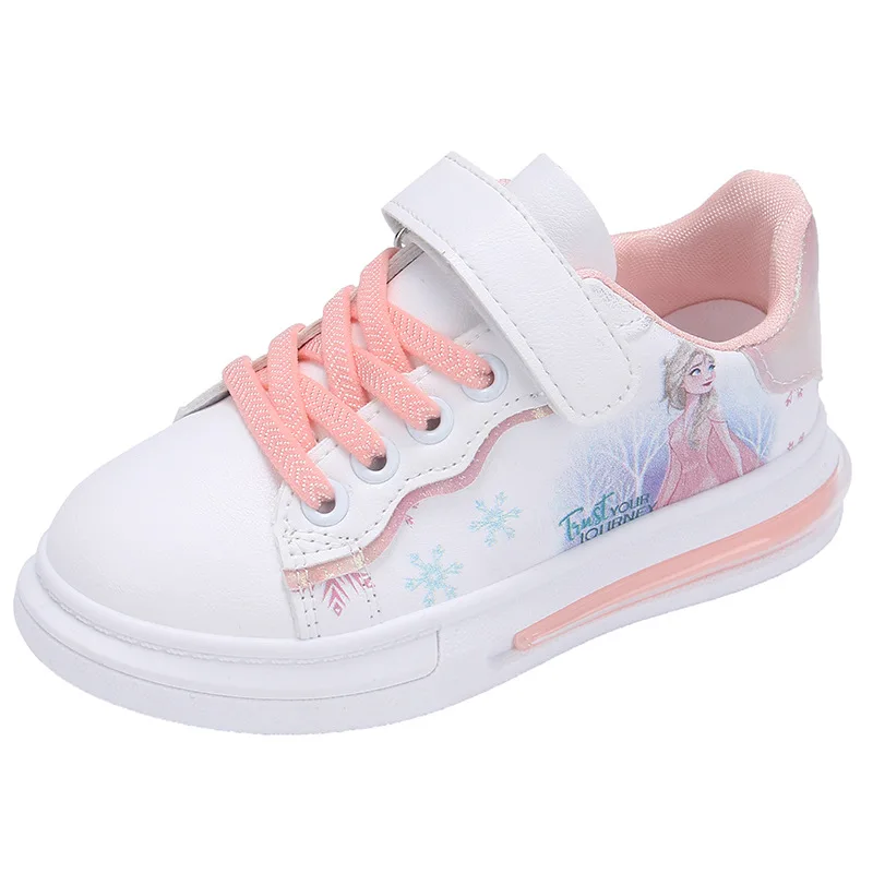 Kids Board Shoes Disney Elsa Print White Sport Shoes 2023 New Casual Sneakers Frozen Student Tennis Shoes Tide Running Shoes