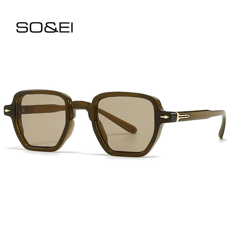 SO&EI Retro Square Women Sunglasses Fashion Rivets Punk Men Dark Green Sun Glasses Shades UV400