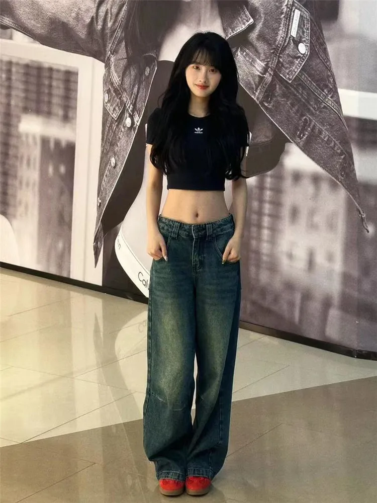 

Американские ретро-джинсы с низкой посадкой, прямые широкие штанины, женские, весна-осень, свободные, стройнящие, удлиненные, в пол