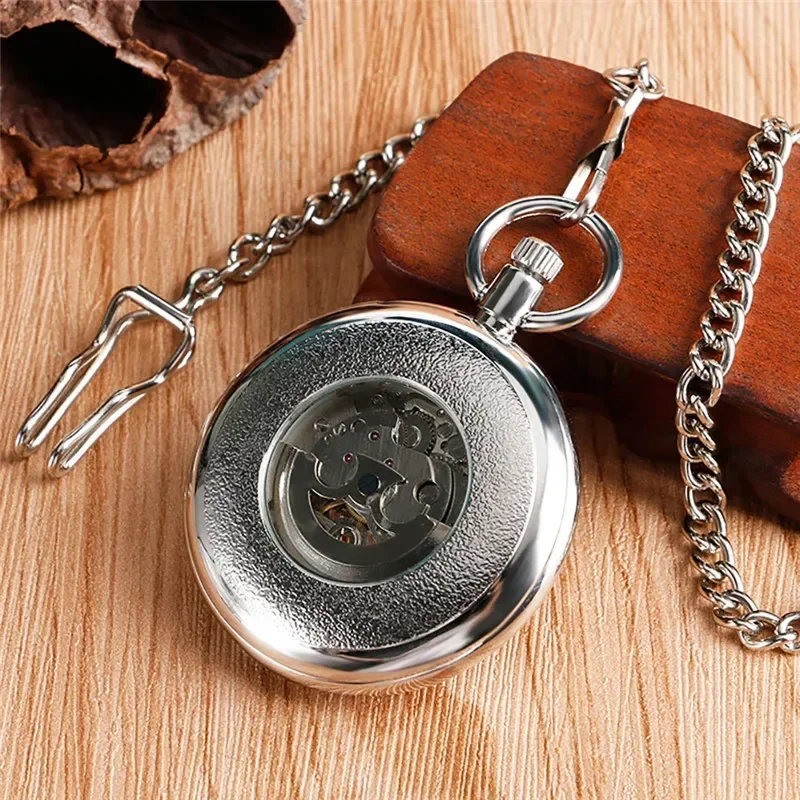 Antique Style Open Face Pocket Watch Unisex Automatic Mechanical Watches with Luminous Hands Roman Number Design Pendant Chain