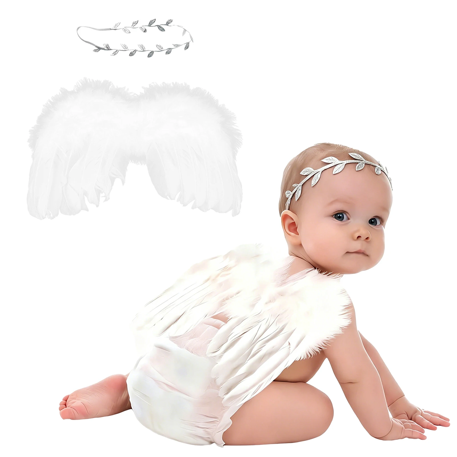 Cute Feather Angel Wing with Leaf Headband Set Newborn Toddler Infant Baby Boy Girls Kids Photo Props Souvenir Gifts
