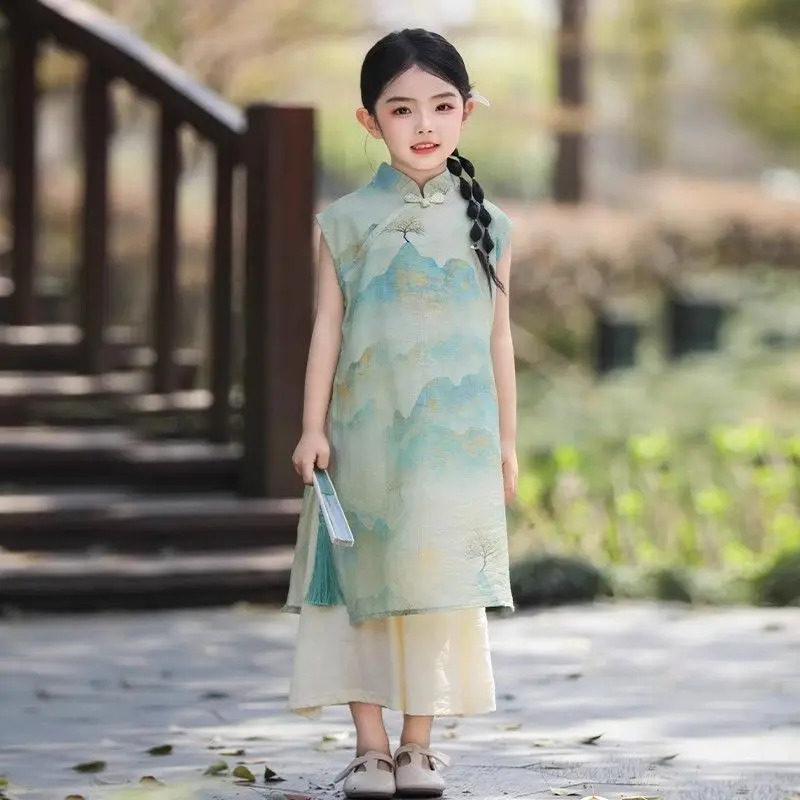 Girls' Ancient Hanfu Qipao Dress Summer 2026 New Children's New Chinese Improved Cheongsam Skirt Girls' Printed Qipao DressLJ299