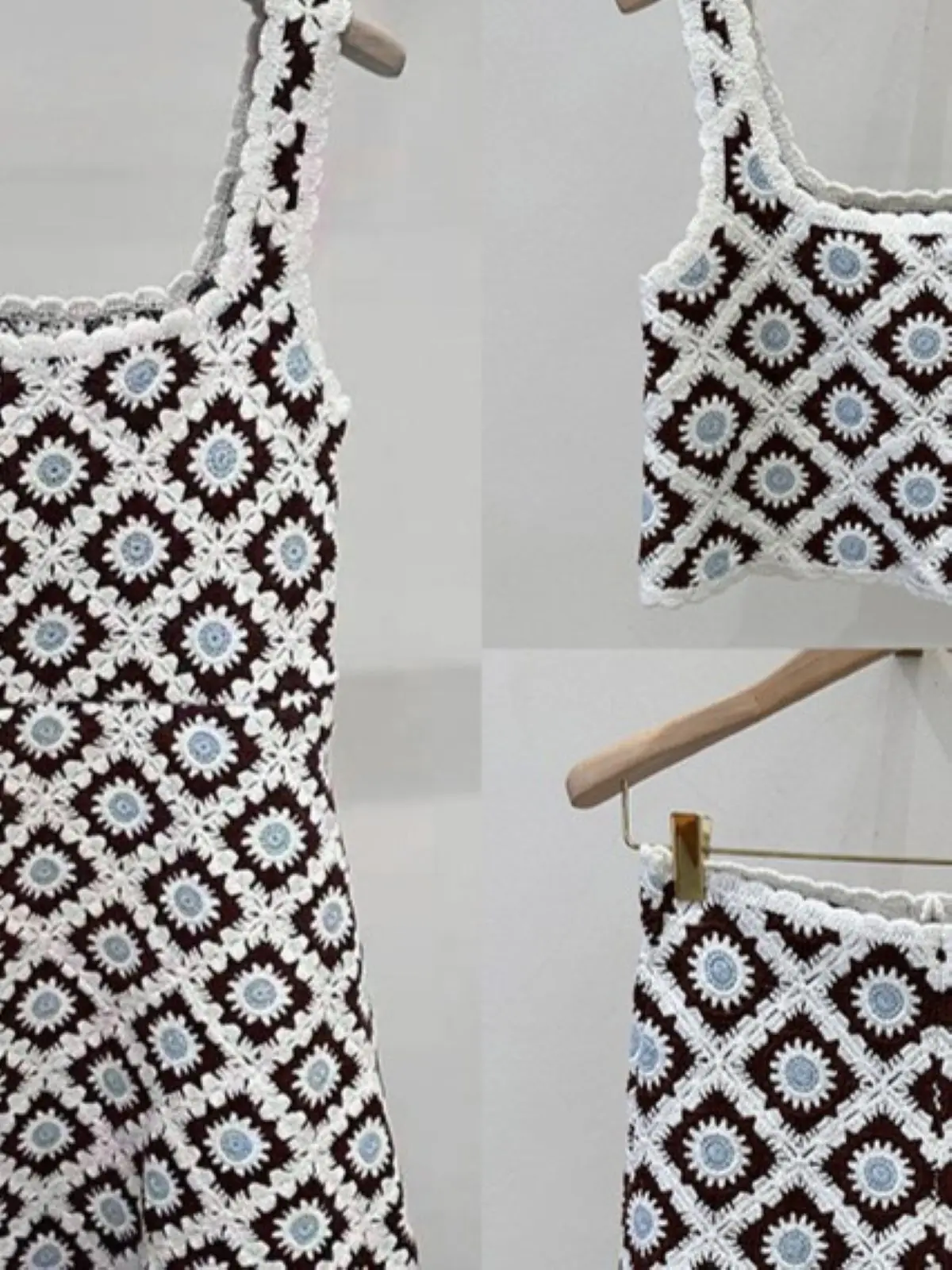 

Spring/Summer Women Daisy Diamond Grid Square Collar Crochet Set Sleeveless Top + Hign Waist Shorts + A-line Elegant Mini Dress