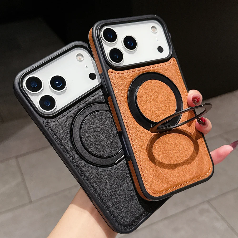 Magnetic PU Leather Case for Apple iPhone 17 16 15 14 13 12 11 Pro Max With Foldable Ring Kickstand Bracket for Magsafe Charger