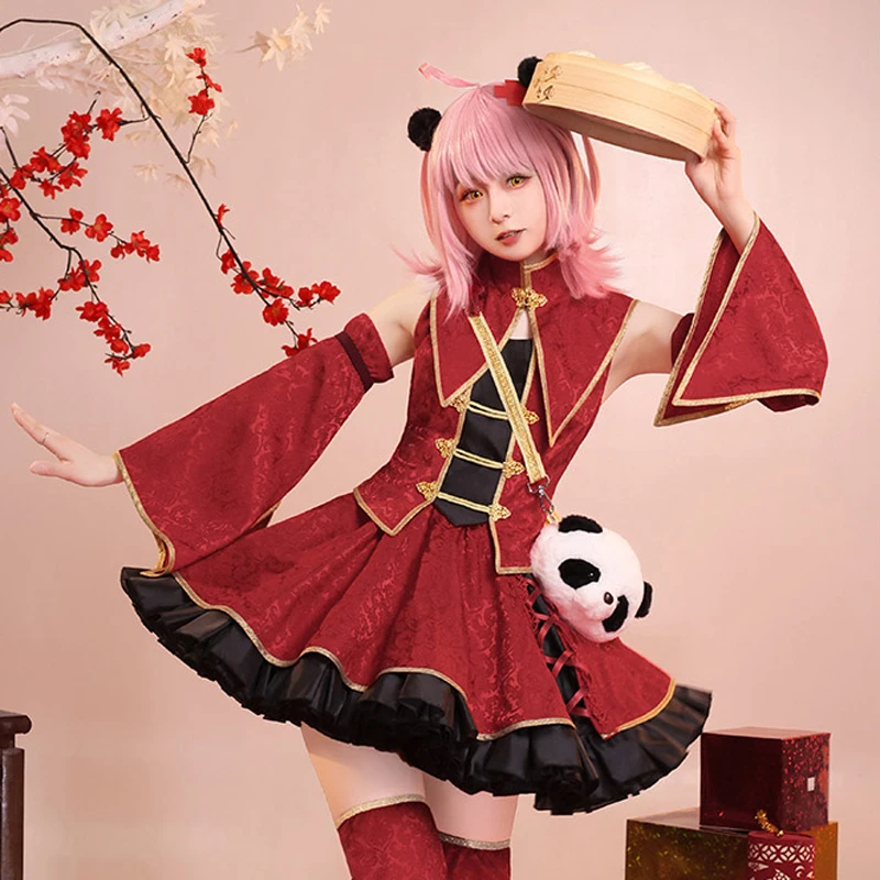 Anime Shugo Chara Cos Hinamori Amu Cosplay Chinese Style Wide Sleeve New Year Red Dark Printed with panda bag Skirt Female Costu