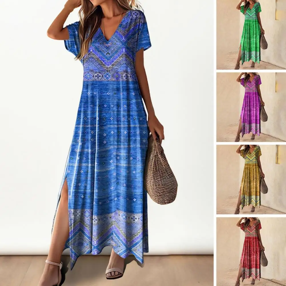 

Women A-line Dress Bohemian Style Vacation Maxi Dress with 3d Print Side Split Plus Size Loose V Neck A-line Ankle Length Summer