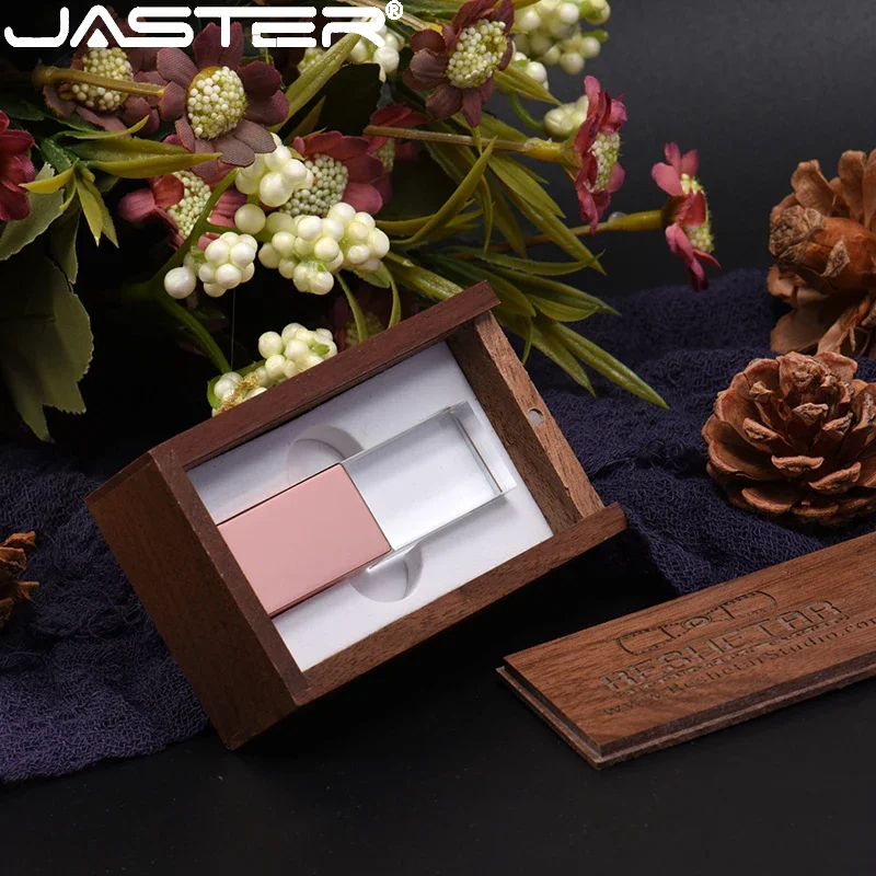 JASTER USB Flash Drive Wooden Box Crystal Pen Drive Custom Logo Memory Stick Creative Wedding Gift Pendrive 128GB 16GB 32GB 64GB