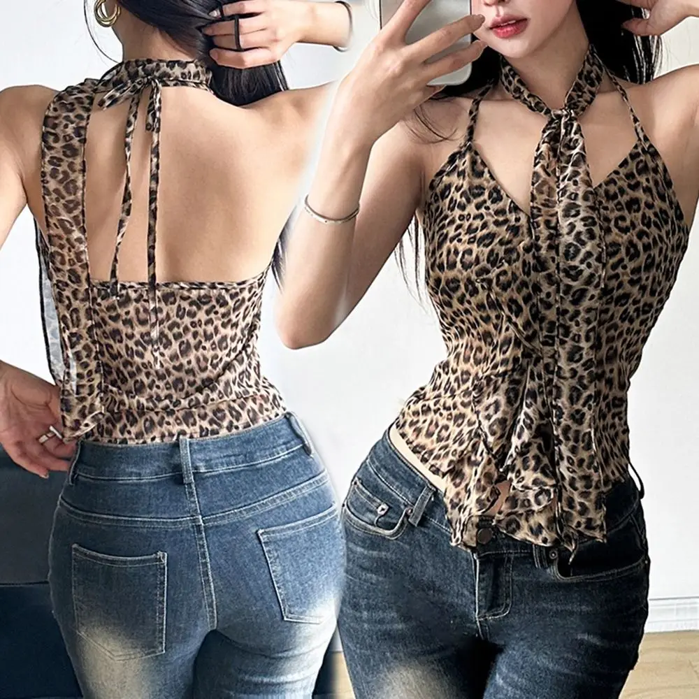 Fashion Ruffled Edge Leopard Halter Camisole Lace-up Thin Y2k Crop Tops Women Irregular Slim Fit Sleeveless Camisole Party