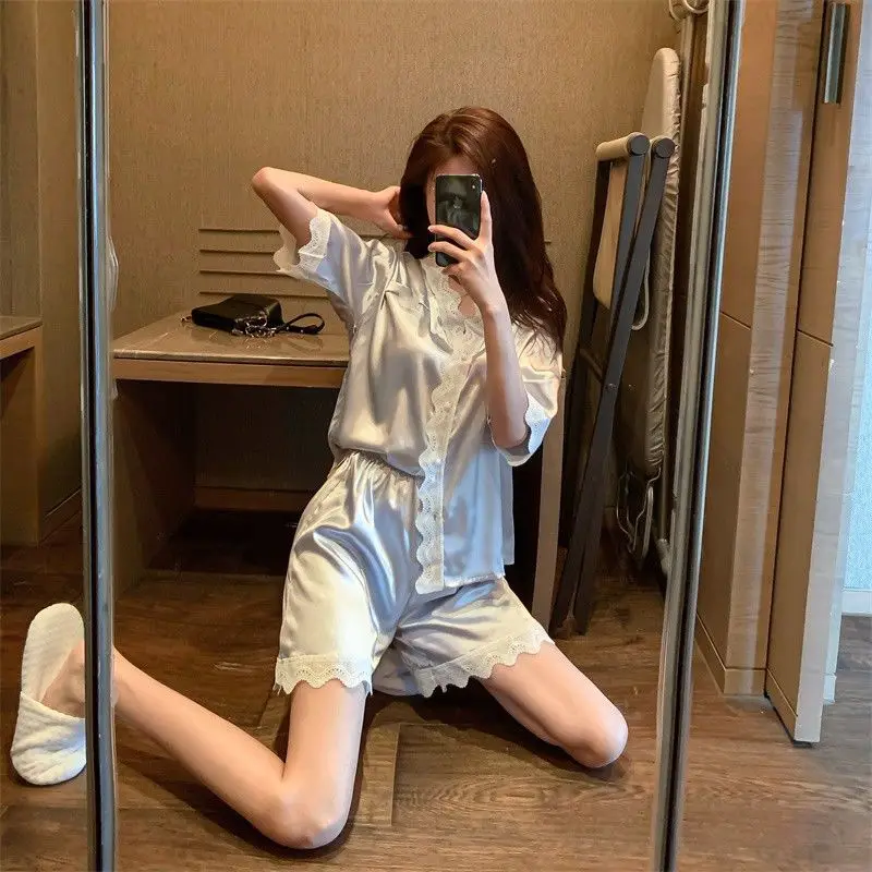 Simple Ins Style High-end New Pajamas Women's Summer Ice Silk Gray Lace Two-piece Loungewear Comfort Skin-friendly Breathable
