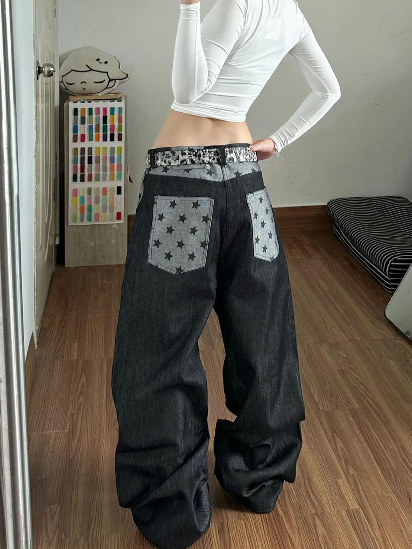 Women Man Black Baggy Y2k Jeans American 2000s Style Japanese Star Splice Pants Vintage Harajuku Oversize Denim Trousers