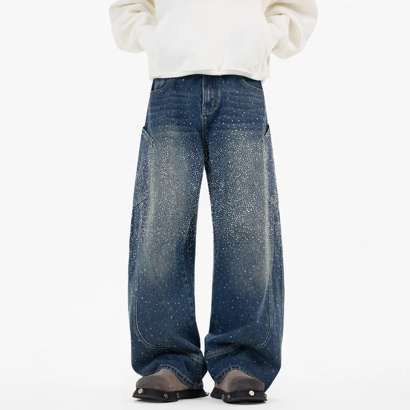 

Chic American Style Heatmelting Rhinestone Men's Jeans Big Pocket Patchwork Design Loose Wide Leg Denim Long Pants