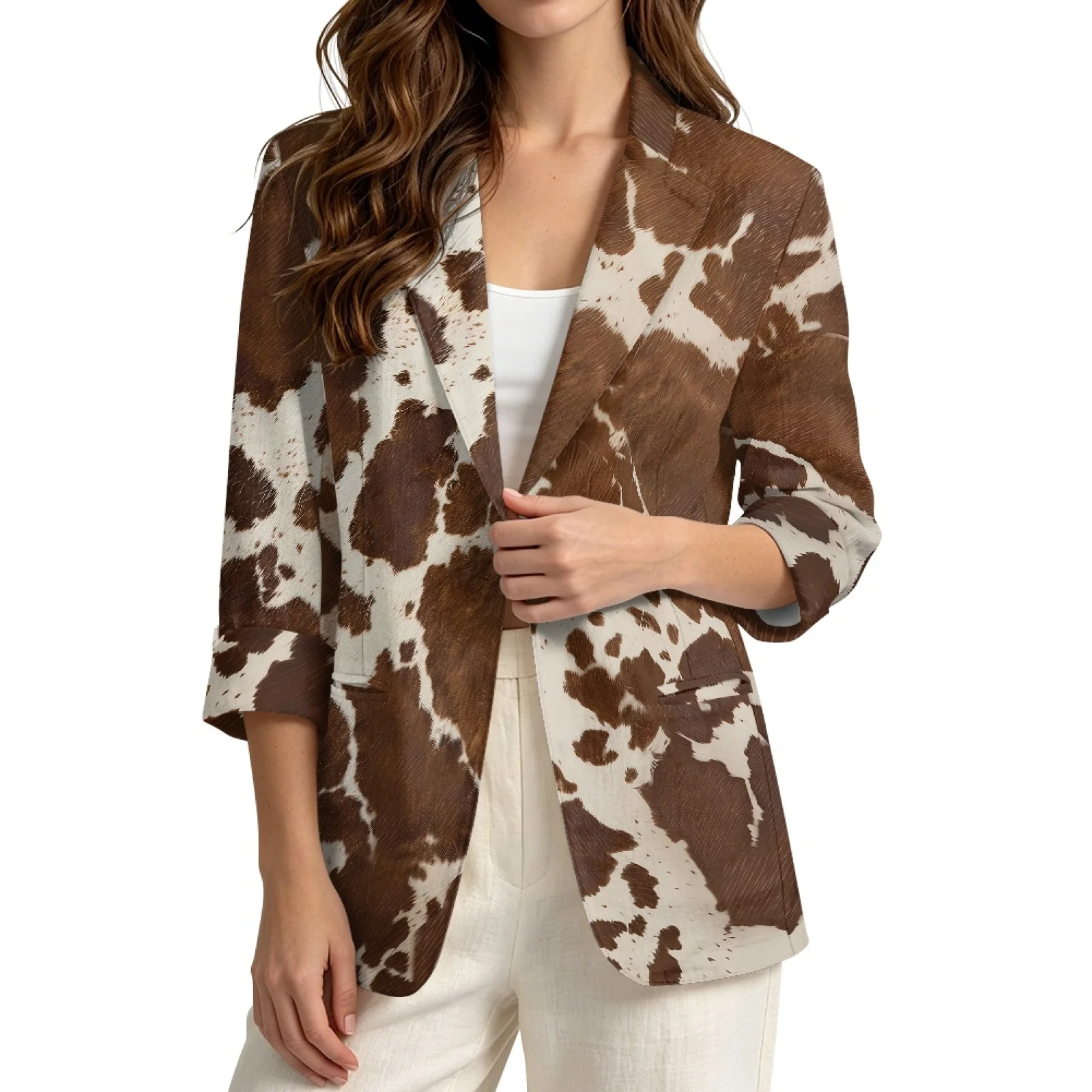 PENSTROLL Brown Cow Linen Like Open Front Top Loose Fit Beach Cover Ups for Work S-3XL