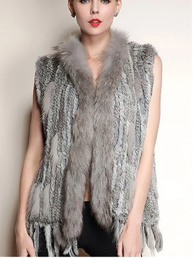 Chicsense จัดส่งฟรีผู้หญิงคุณภาพสูงปุยขนกระต่ายจริงถักเสื้อกั๊ก Raccoon ขนสัตว์ Gilet เสื้อกั๊กเสื้อ