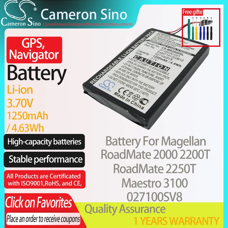 CameronSino Battery for Magellan RoadMate 2000 RoadMate 2200T RoadMate 2250T fits Magellan 027100SV8 GPS,Navigator battery 3.70V