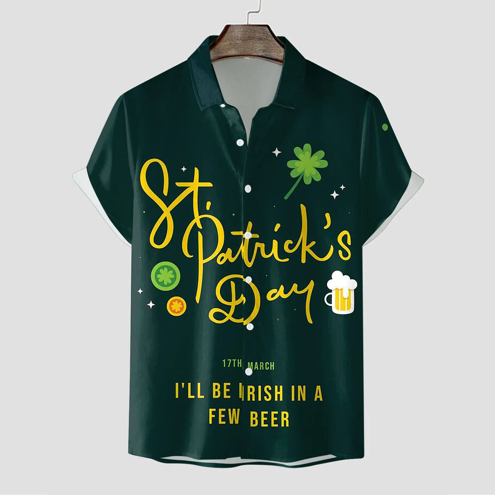 Men's letter print shirt Clover Short-Sleeve Blouses Irish-National-Day Tops St-Patrick-Day Green shirts men camisas de hombre