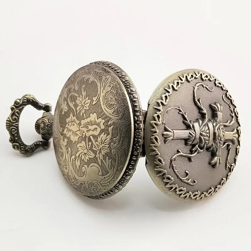 Vintage Luxury Steampunk Flower Cross Carving Quartz Pocket Watch for Men Women Engraved Fob Chain Bronze Clock for Collection