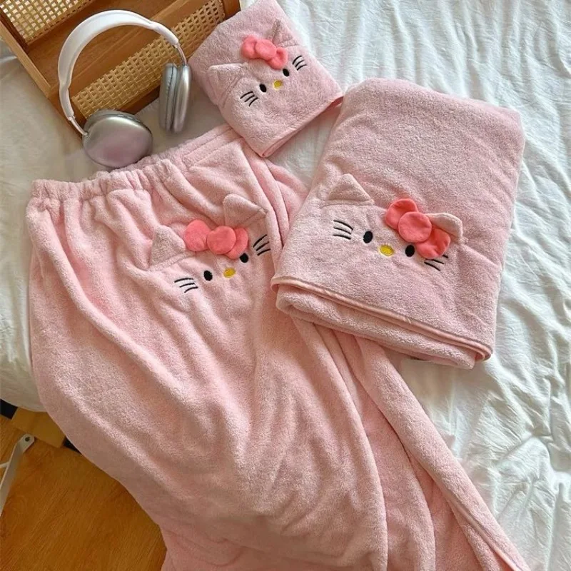 Cartoon Hello Kitty Anime Dry Hair Hat Cute Bath Skirt Bath Towel Coral Fluff Towel Water Absorption Artifact Household Kawaii