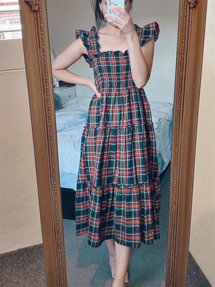Women Sleeveless Dress Summer Casual Plaid Print Ruffled A-Line Party Dress for Beach Club Y2K Holiday Streetwear