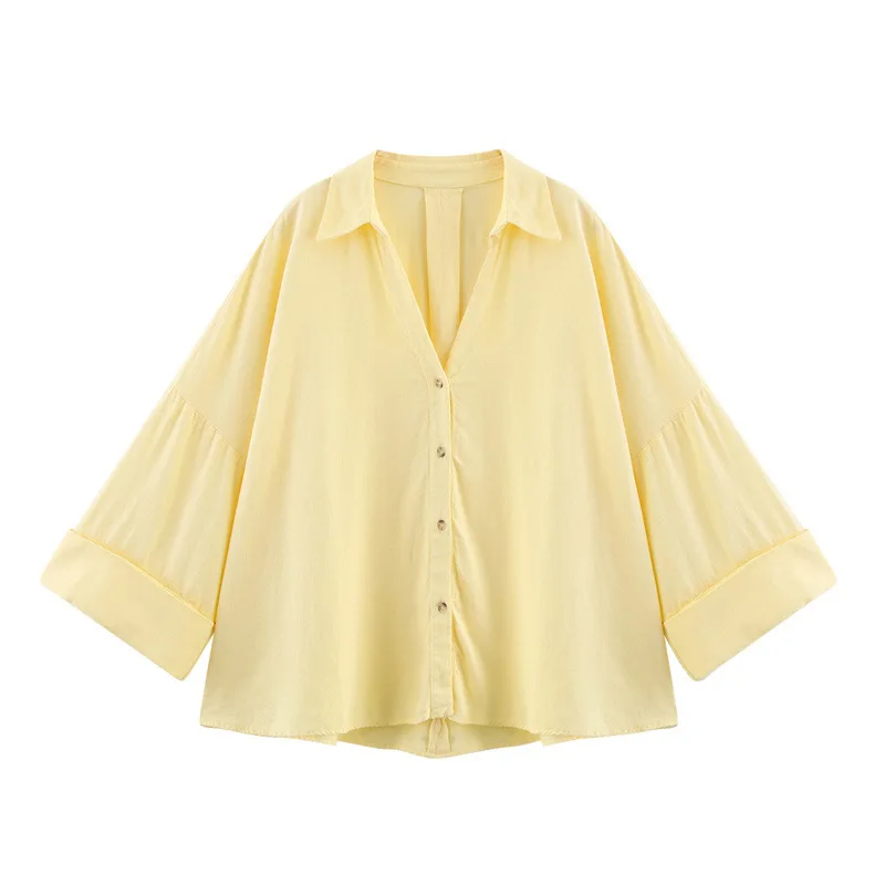 Spring/Summer 2025 Women's Casual Striped Shirt Wide Sleeve Turn-down Collar Versatile Top Ropa Mujer Fashion Blouse