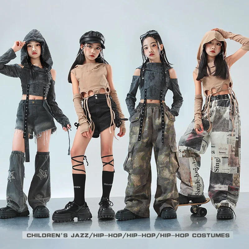 

Girls Hip Hop Clothing Hoodies Tops Camouflage Pants Newspaper Pattern Pants for Kid Jazz Dance Costume Catwalk Dance Clothes