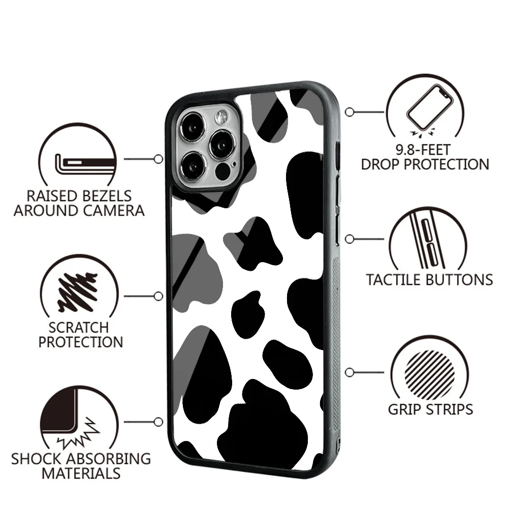 Cow Black Stains White Background Phone Case For IPhone 11 12 13 14 15 Plus Pro Max Mirror Acrylic PC TPU Cover