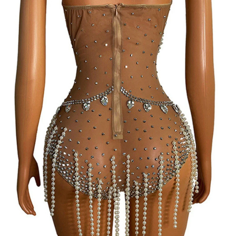 Pearl Tassel Diamond Performance Suit Swimsuit Luxury Sexy Elastic Mesh Sleeveless Sexy Solid Color Dresses for Women 2025 원피스