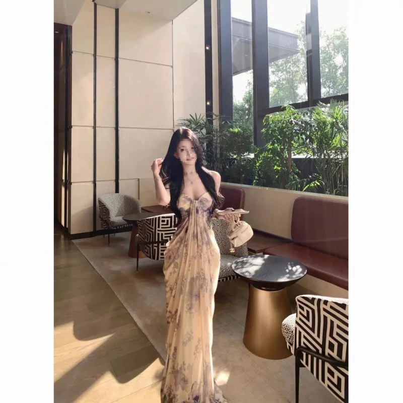 2026 New Summer Women's Wisteria Print Slip Maxi Dress Elegant Fairy Vacation Dress Unique Design Romantic Long Dress