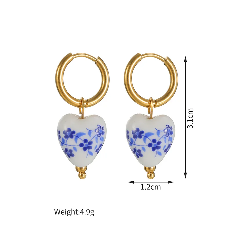 Kissmoon Fashion Blue And White Porcelain Ceramic  Pendant Multi-element Style Earring Stainless Steel for Women Party Jewelry image 5